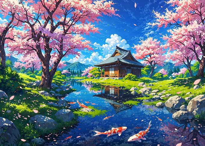Traditional Japanese House by Cherry Blossoms