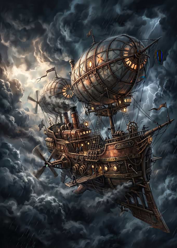 Steampunk Airship Aurora in Stormy Skies