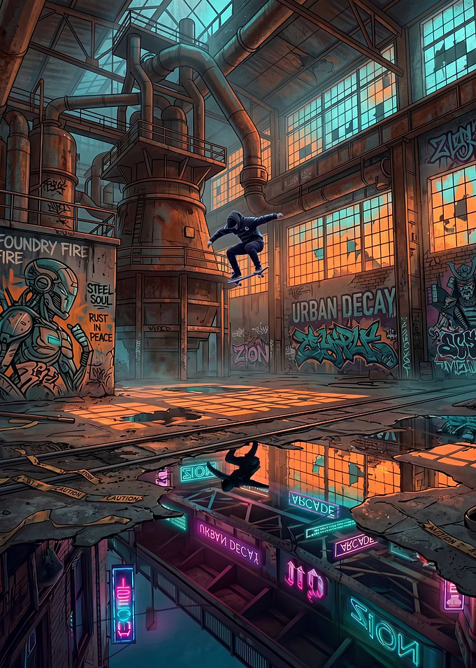 Skater in Industrial Cyberpunk Foundry