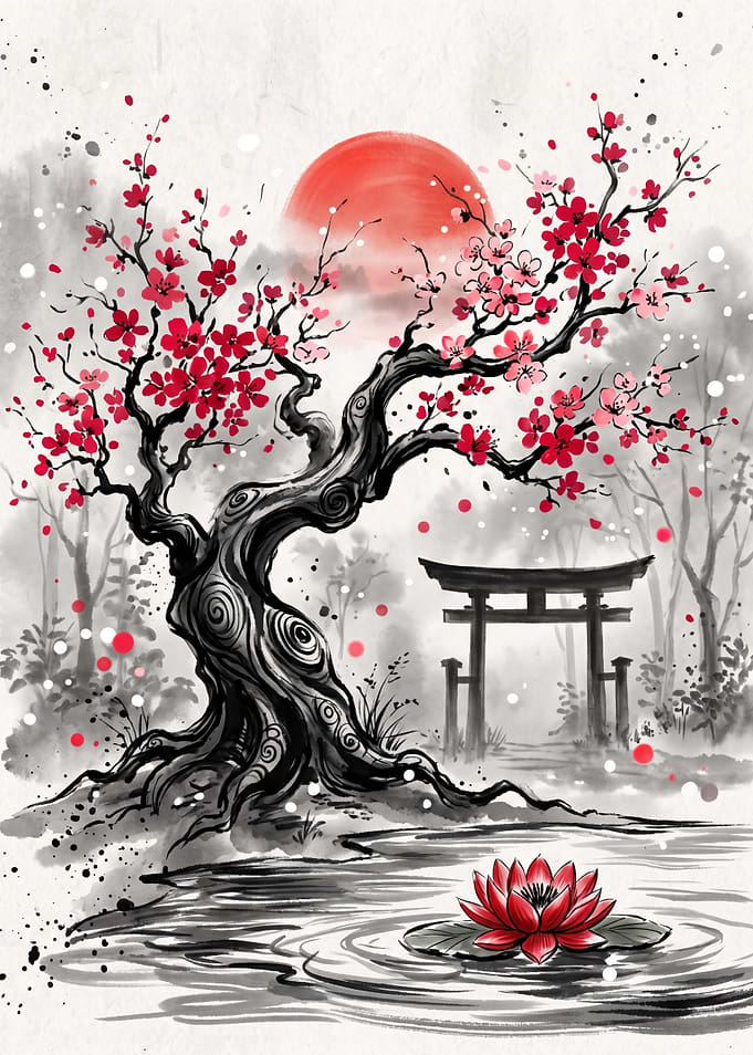Japanese Zen Garden with Cherry Blossom
