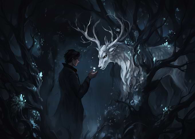 Man Meeting a Mystical White Stag