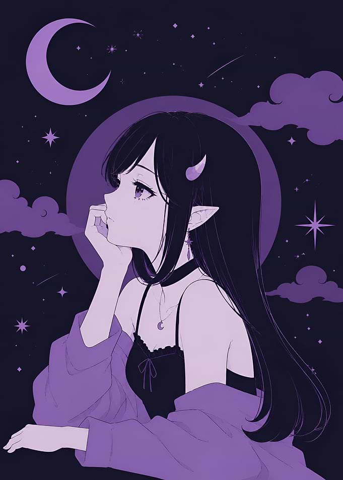 Anime Girl with Horns Under Moon