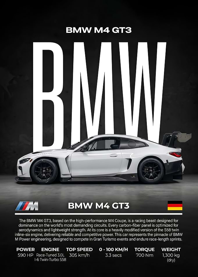 white sleek M4 GT3 Racing Car Poster