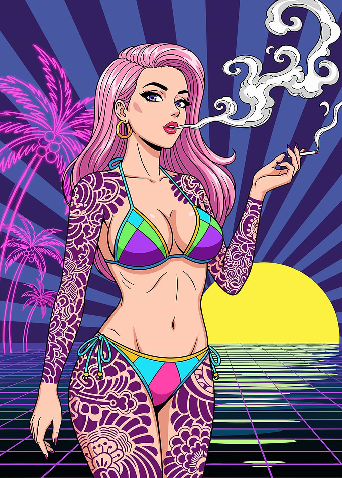 Retro Synthwave Tattooed Woman Illustration