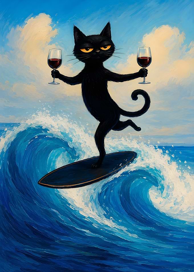 Black Cat Surfing with Wine