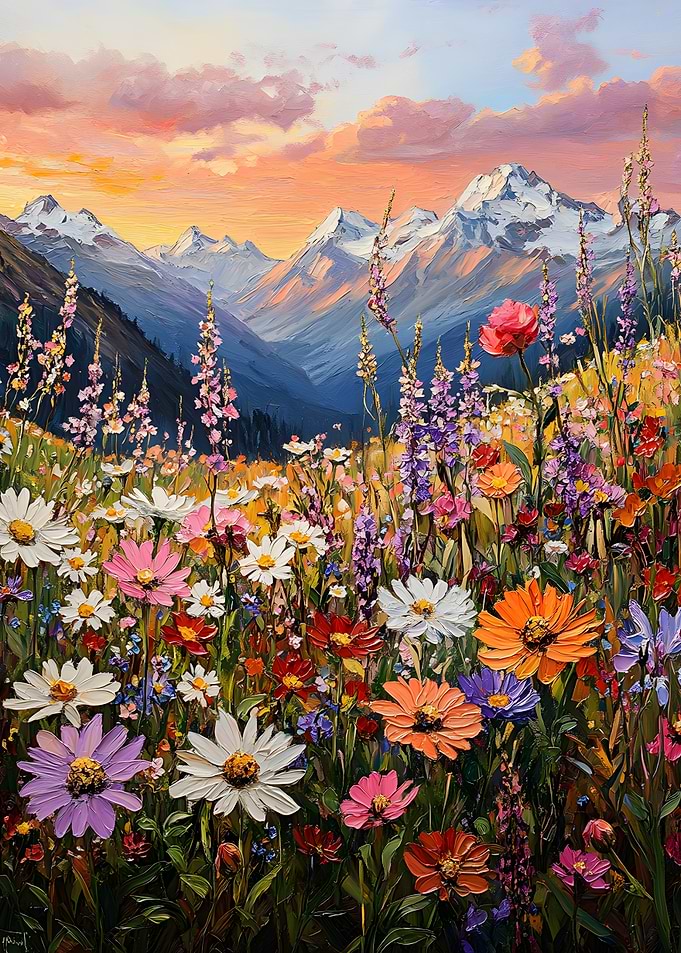 Vibrant Wildflower Meadow and Mountain Sunset