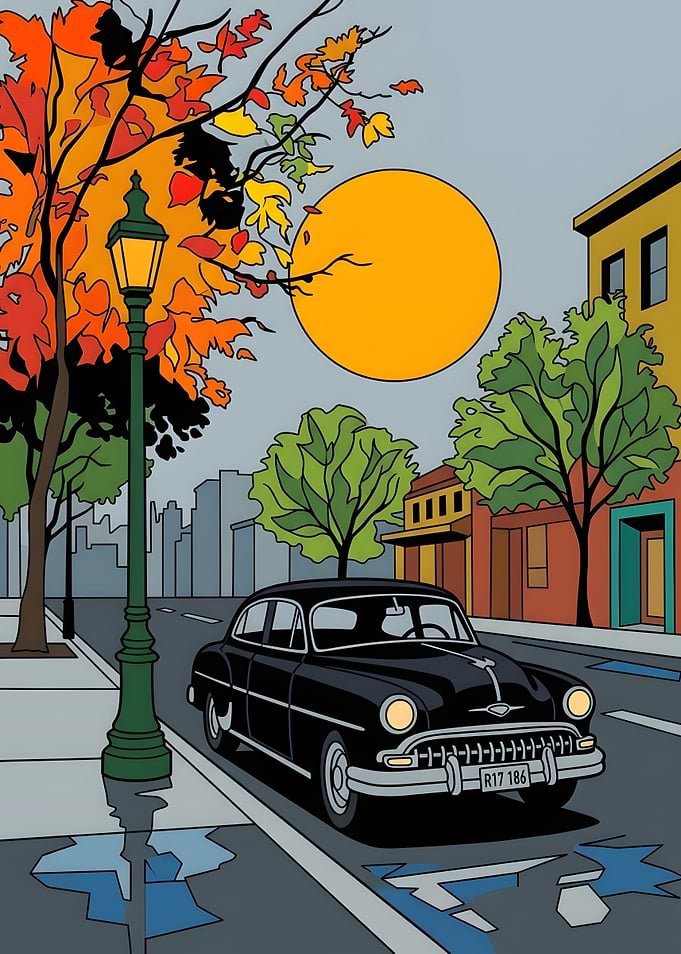 Vintage Car on Autumn City Street