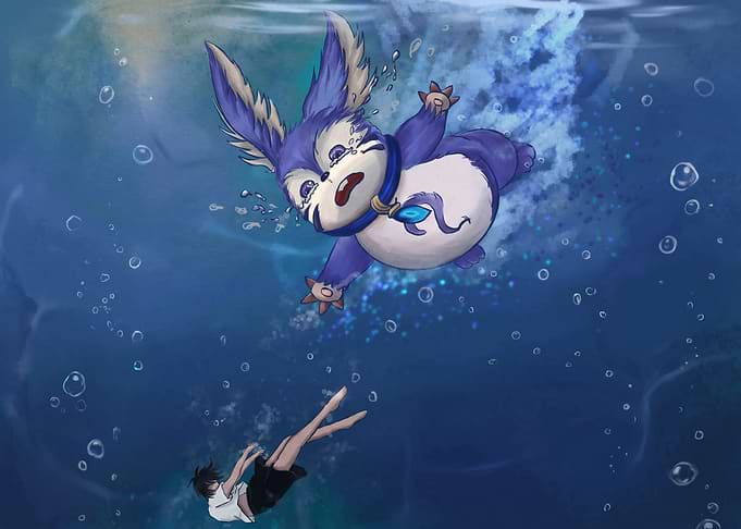 Anime Girl and Creature Underwater