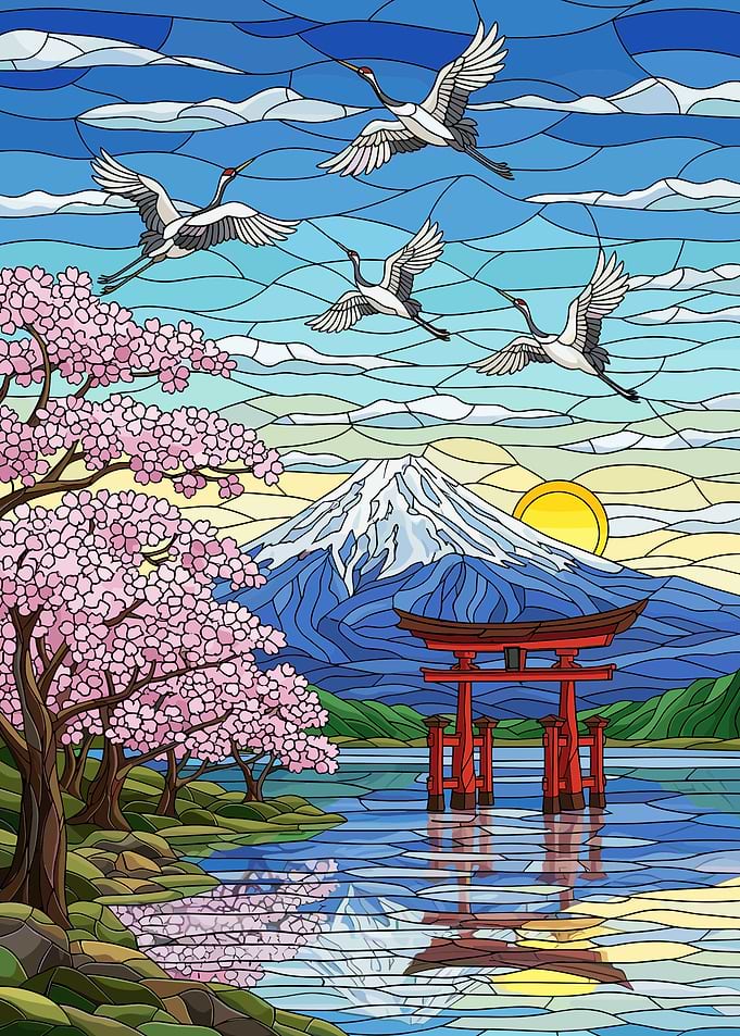 Stained Glass Mount Fuji Landscape