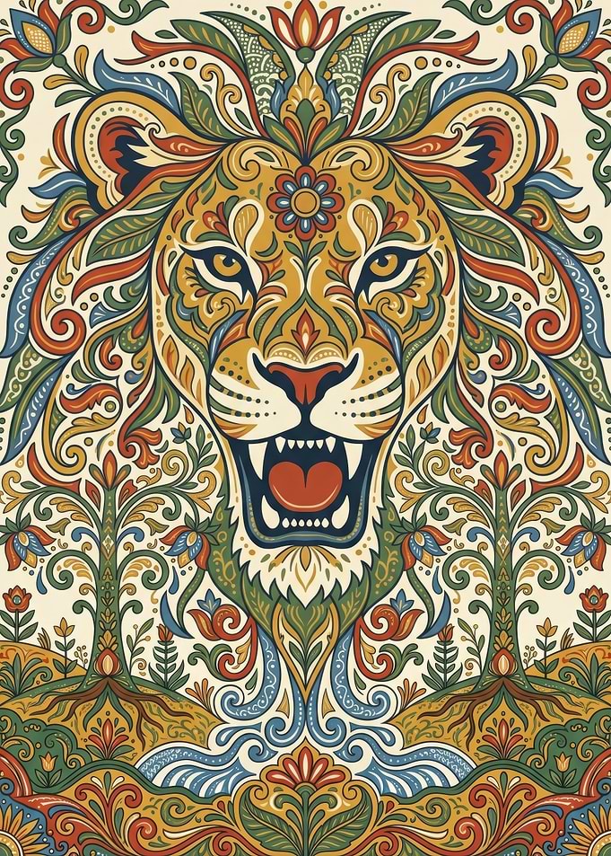 Traditional Kurbits Folk Art Lion Illustration
