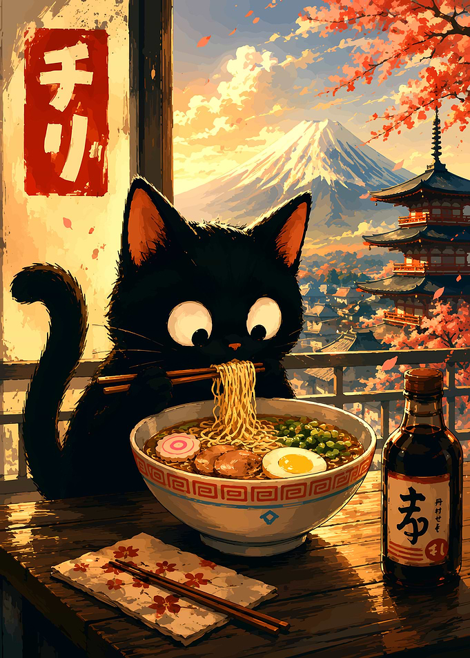 Black Cat Eating Ramen in Japan Fuji Mountain
