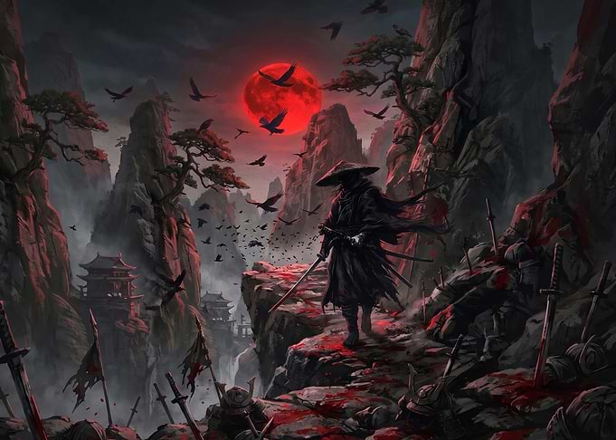 Lone Samurai Under Blood Moon