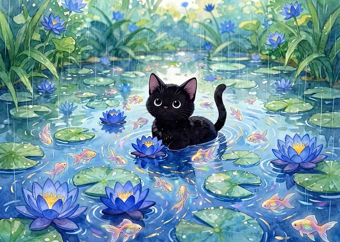 Black Kitten in Lotus Pond
