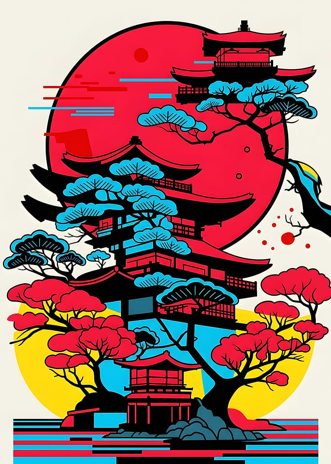 Stylized Japanese Pagoda and Bonsai Art