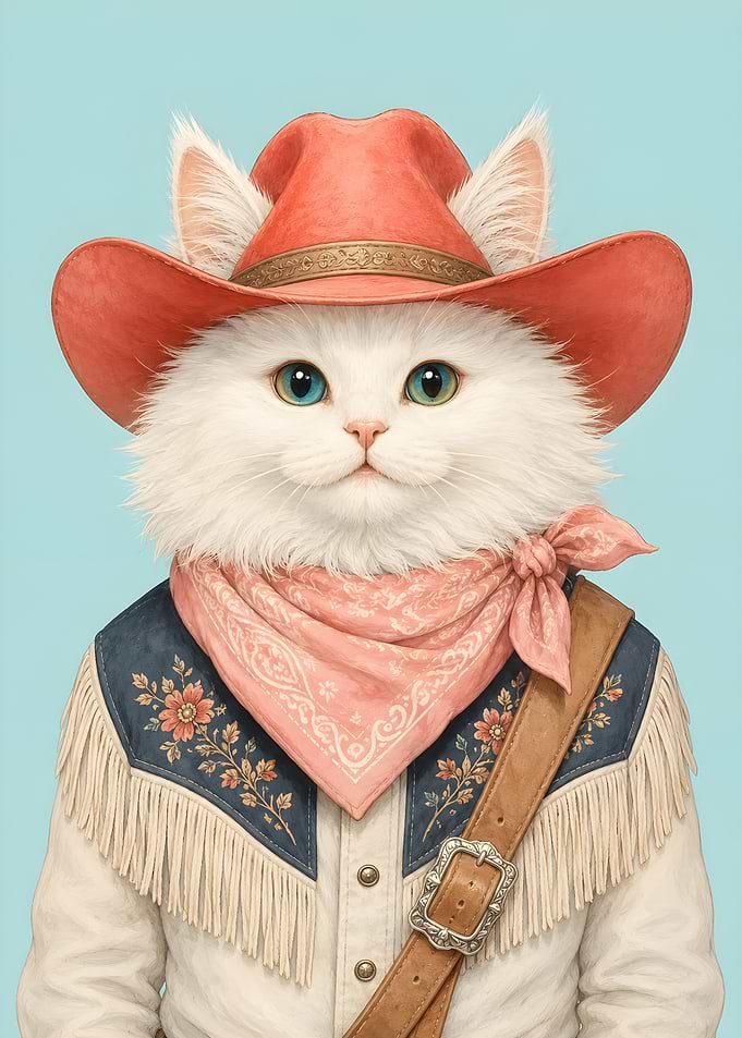 Cute White Cat Cowboy Portrait