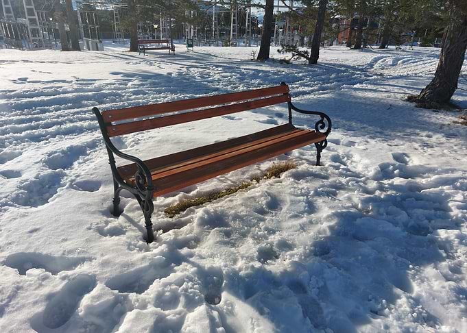 Wooden Park Bench in Snowy Landscape