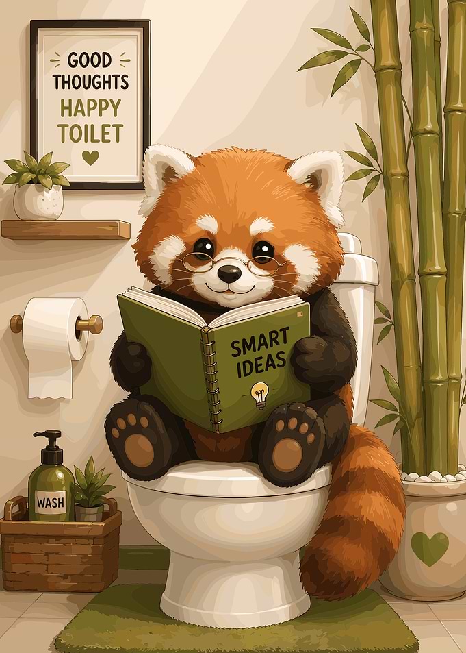 Cute Red Panda Reading on Toilet