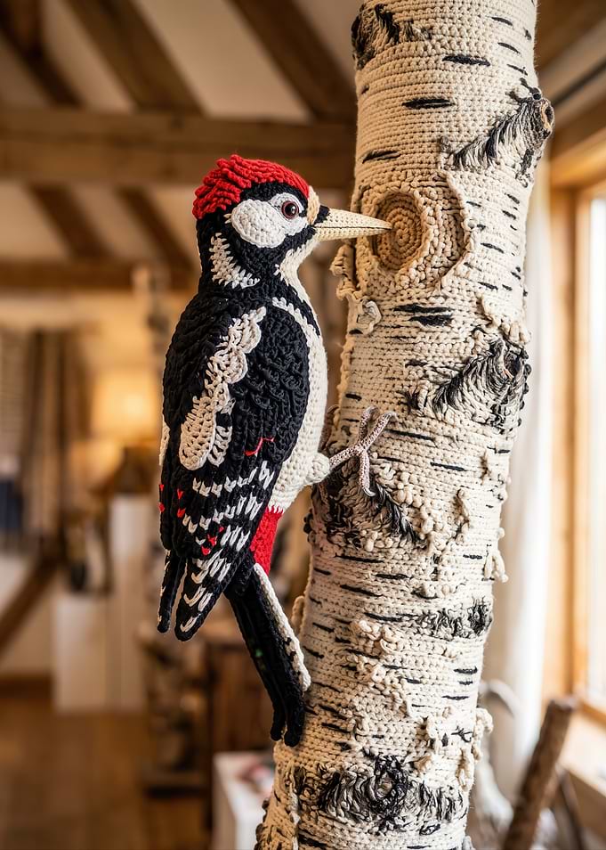 Crocheted Woodpecker on Birch Tree