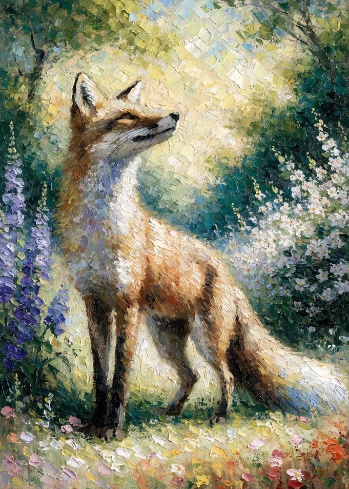Oil Painting of a Fox in a Garden