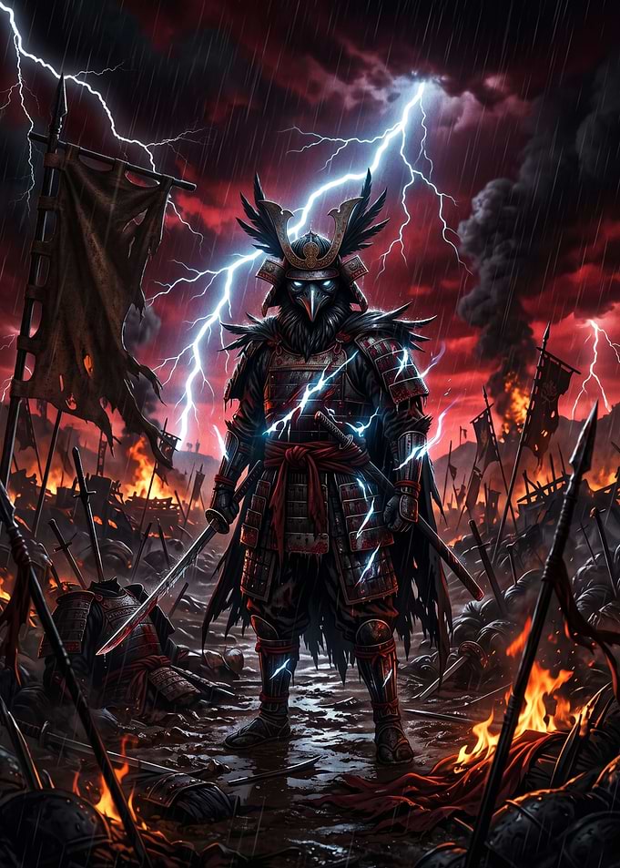 Crow Samurai Warrior in Stormy Battlefield