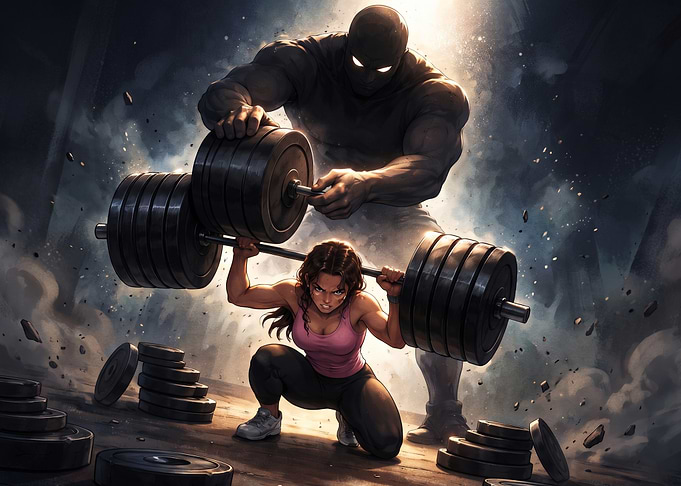 Woman Lifting Weights with Shadow Mentor