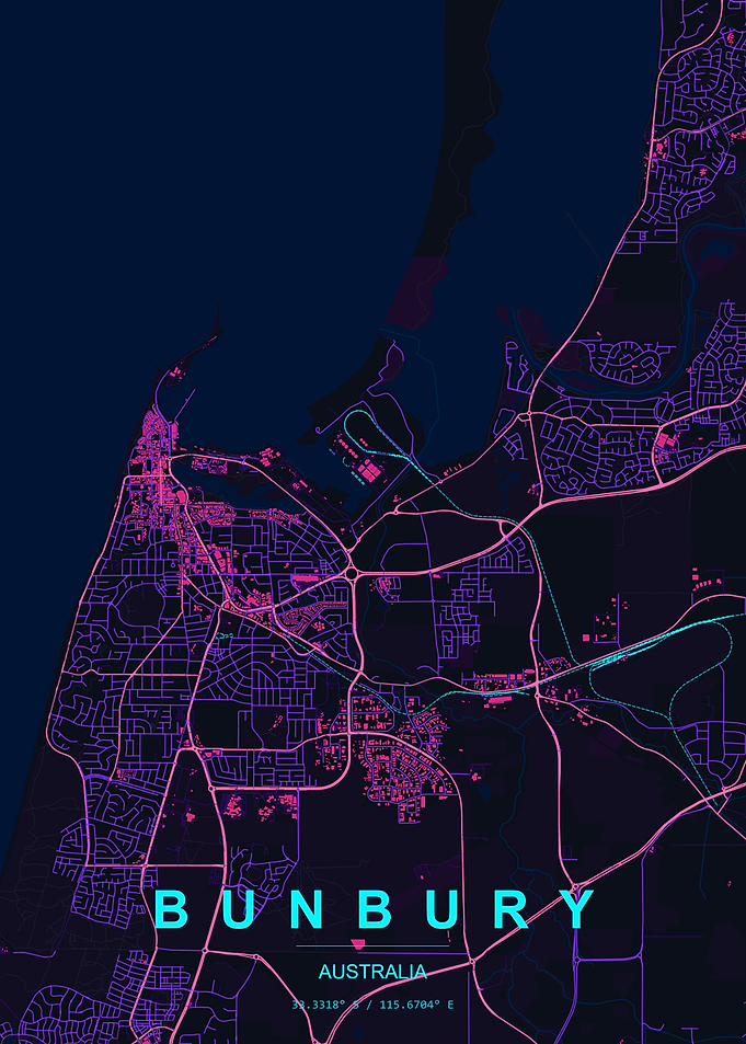 Bunbury Australia Neon Map Poster
