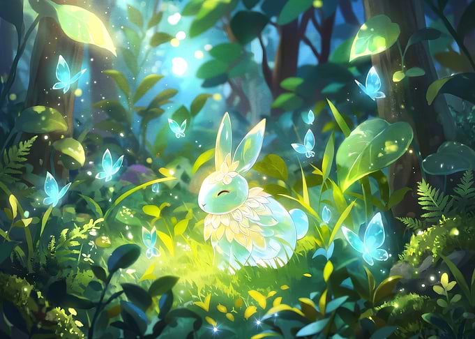 Glowing Crystal Bunny in Enchanted Forest