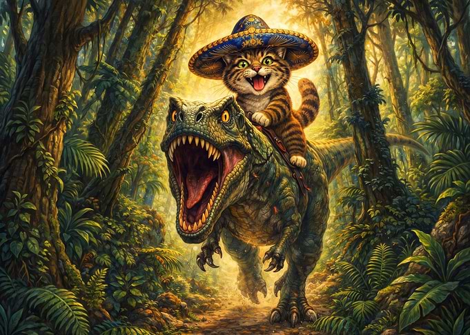 Cat Wearing Sombrero Riding T-Rex