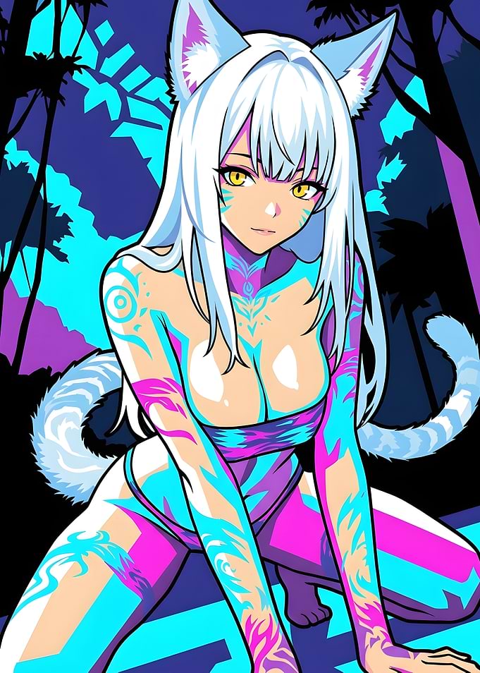 Neon Anime Cat Girl Illustration