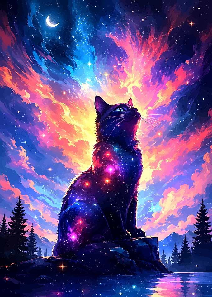 Cosmic Galaxy Cat Under Starry Sky