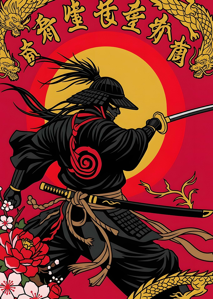 Samurai Warrior with Golden Dragons