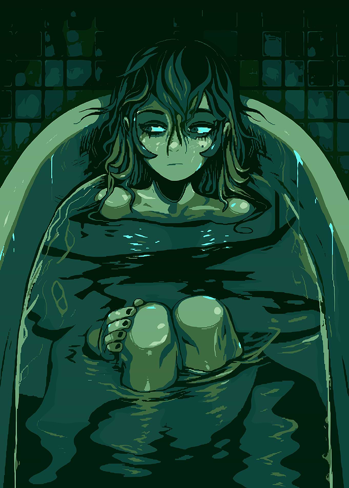 Melancholic Girl in Bathtub Illustration