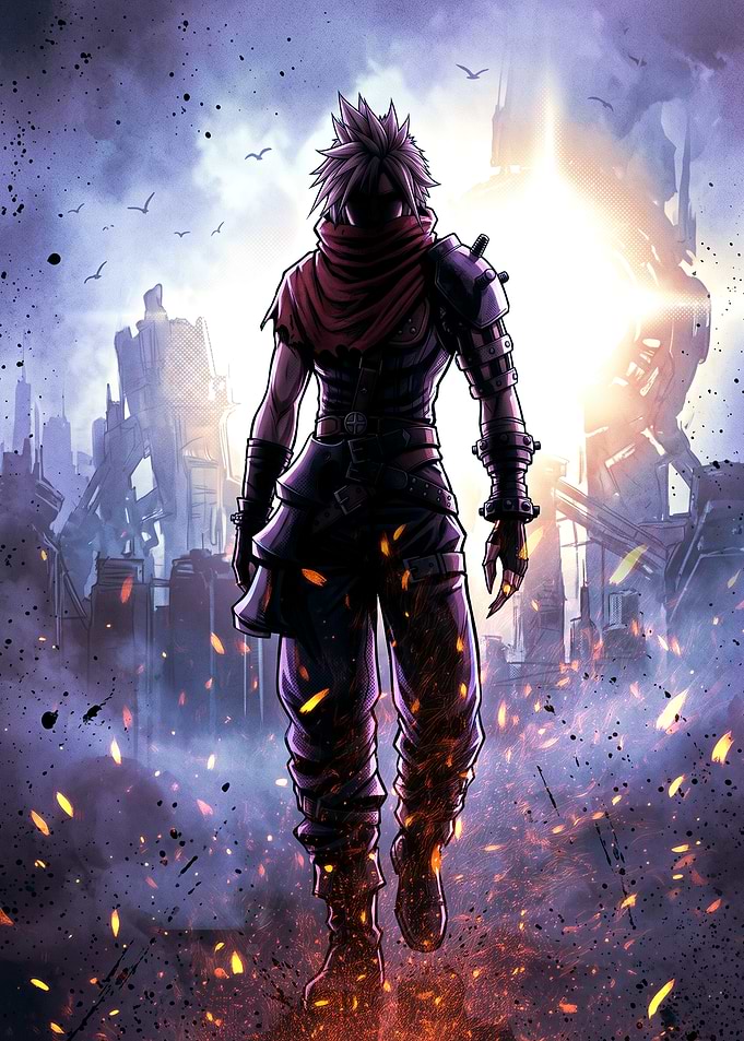 Cloud Strife in Post-Apocalyptic Ruins