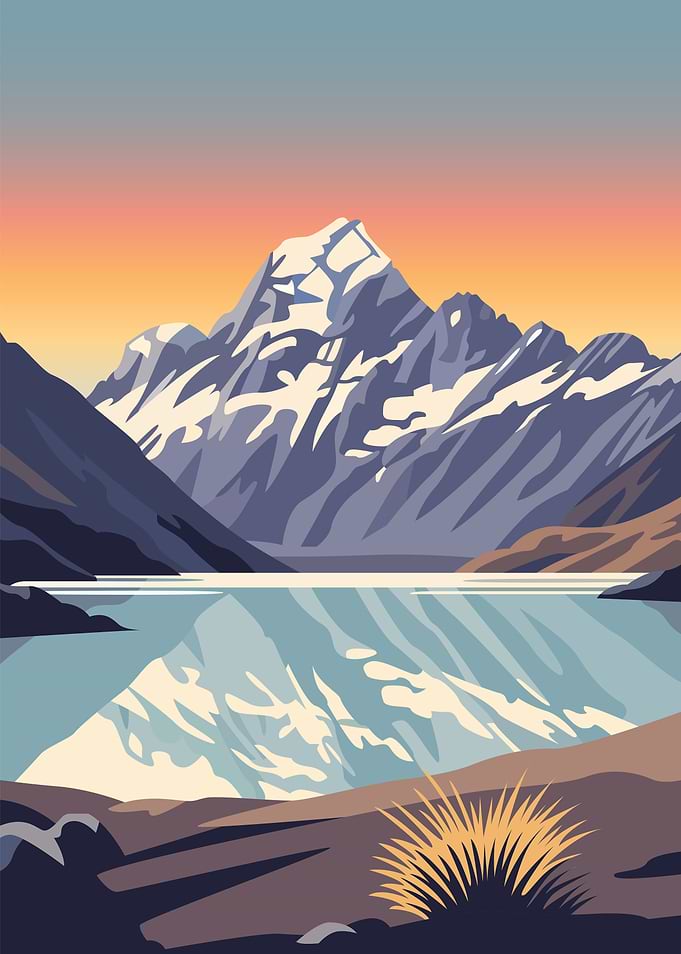 Minimalist Mountain Lake Sunset Illustration