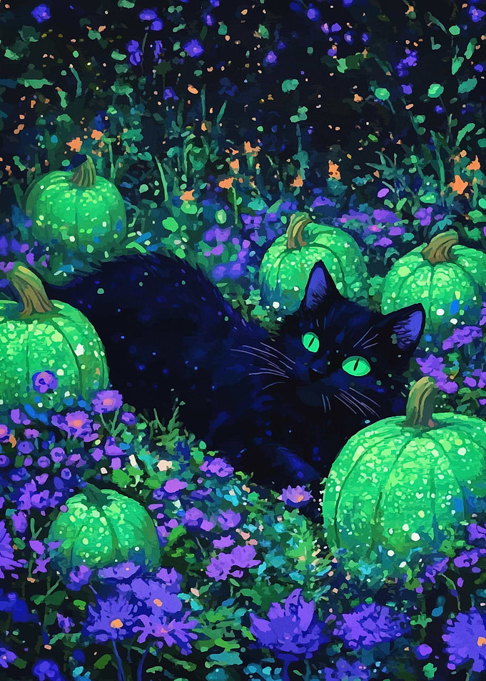 Black Cat in Glowing Pumpkin Patch