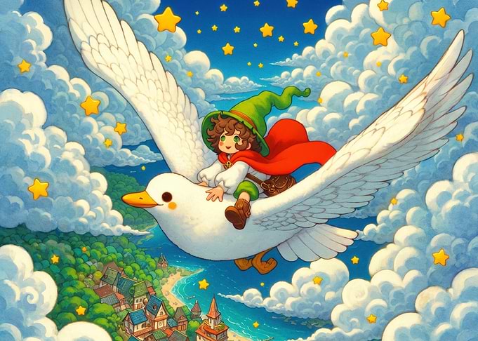 Child Riding Giant Bird Fantasy Illustration