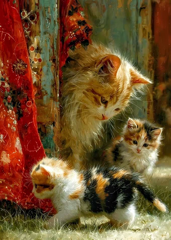 Mother Cat and Kittens Painting