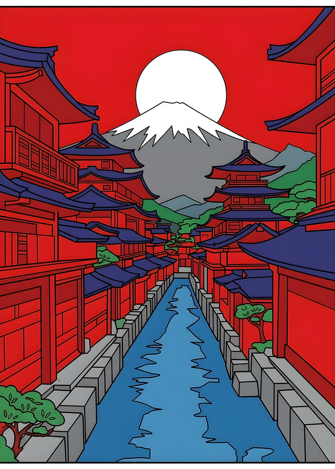 Japanese Temple Canal with Mount Fuji