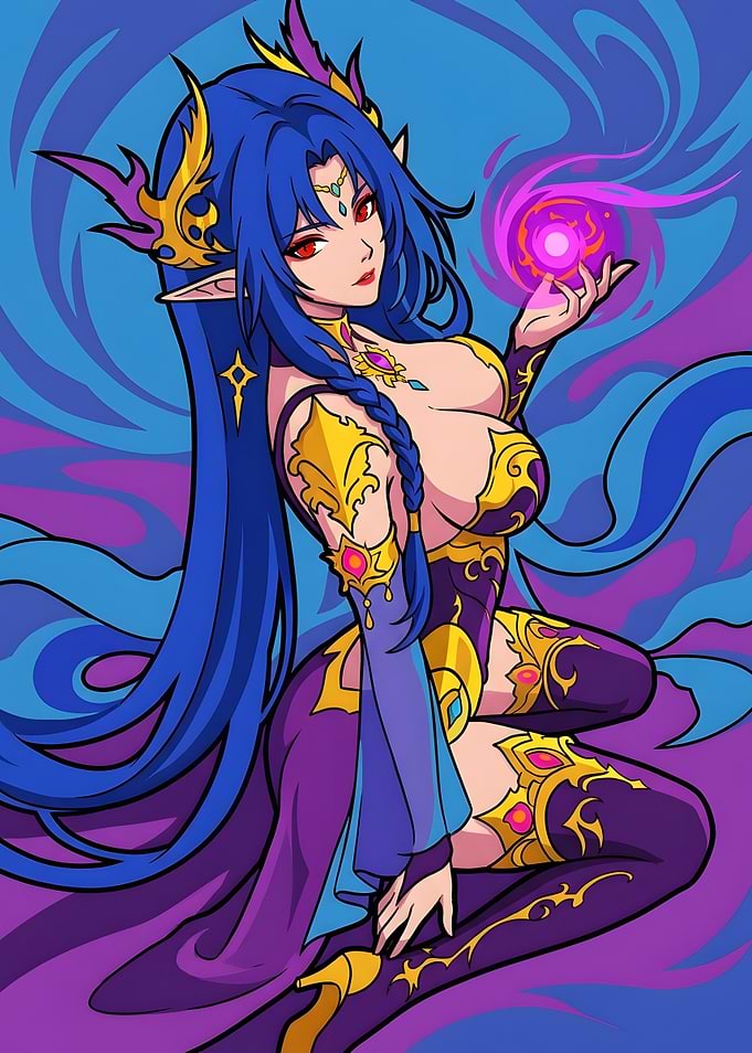 Blue-Haired Elf Sorceress Casting Magic