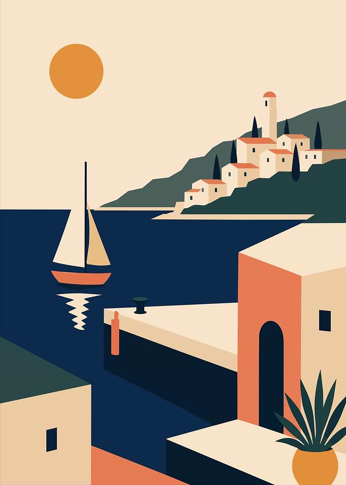 Minimalist Mediterranean Coastal Village Scene Boho Art