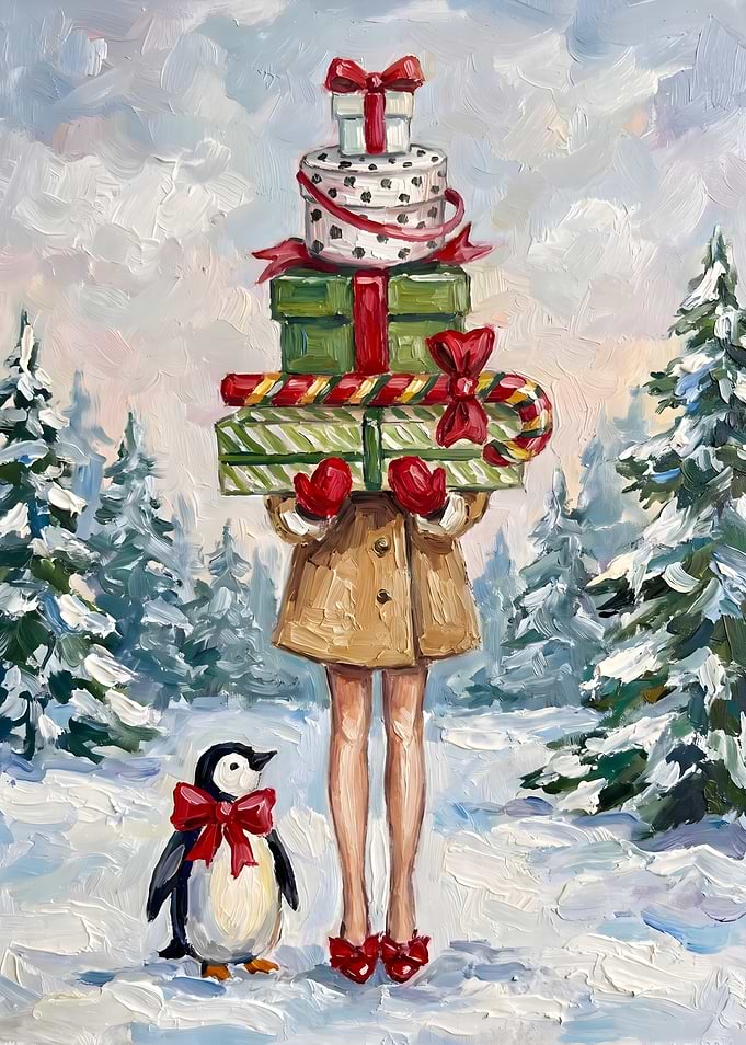 Woman Carrying Christmas Gifts with Penguin
