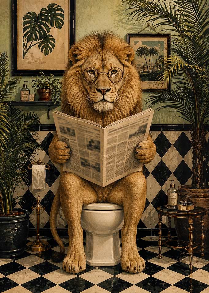 Sophisticated Lion Reading on Toilet