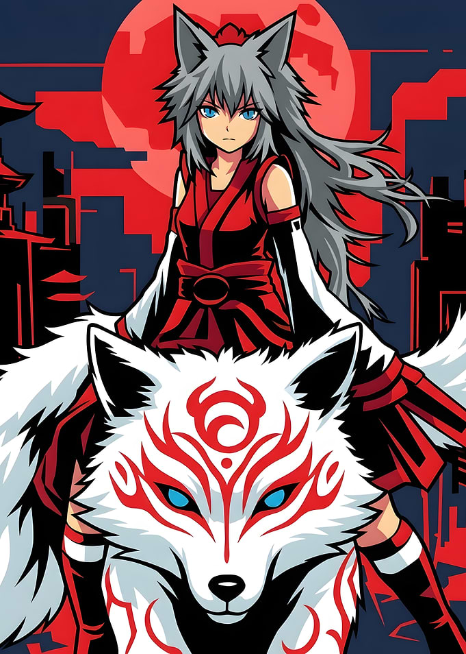 Anime Girl Riding Mystical White Wolf