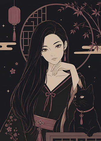Anime Girl with Black Cat