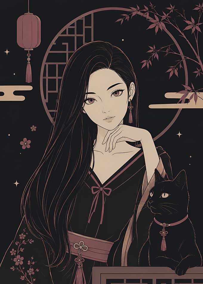 Anime Girl with Black Cat
