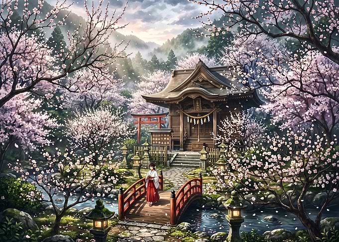 Shrine Maiden in Cherry Blossom Garden