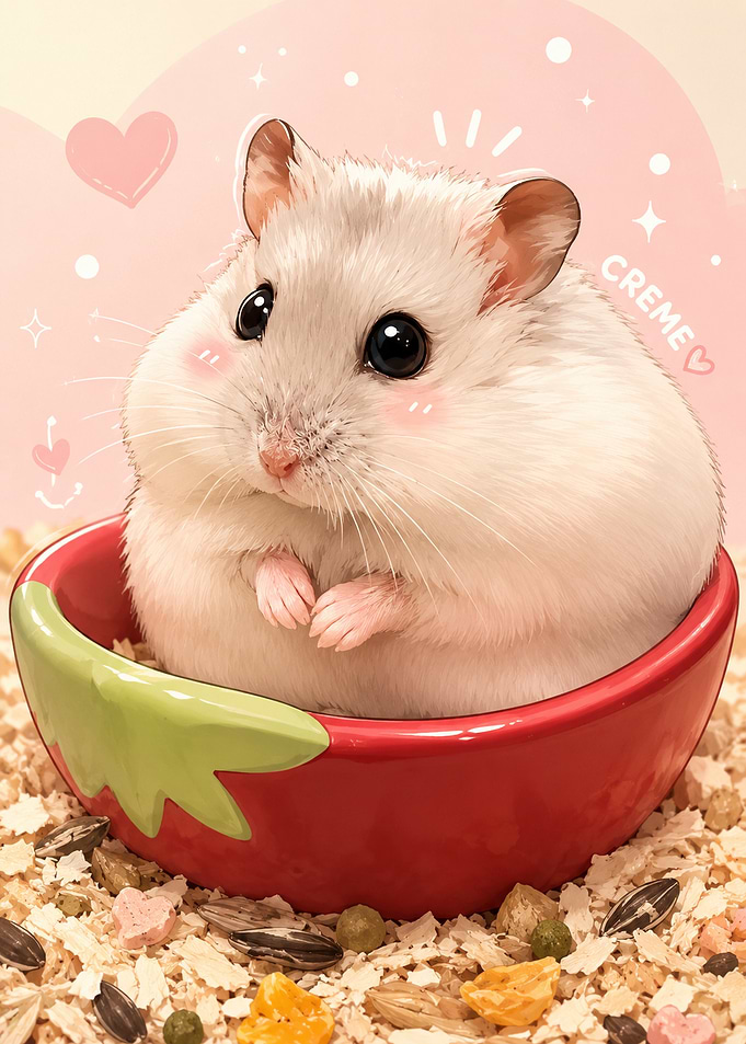 Creme the Hamster in Strawberry Bowl