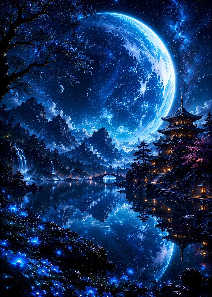 Ethereal Japanese Temple Under Giant Moon