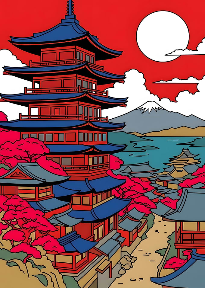 Vibrant Japanese Pagoda Landscape Illustration
