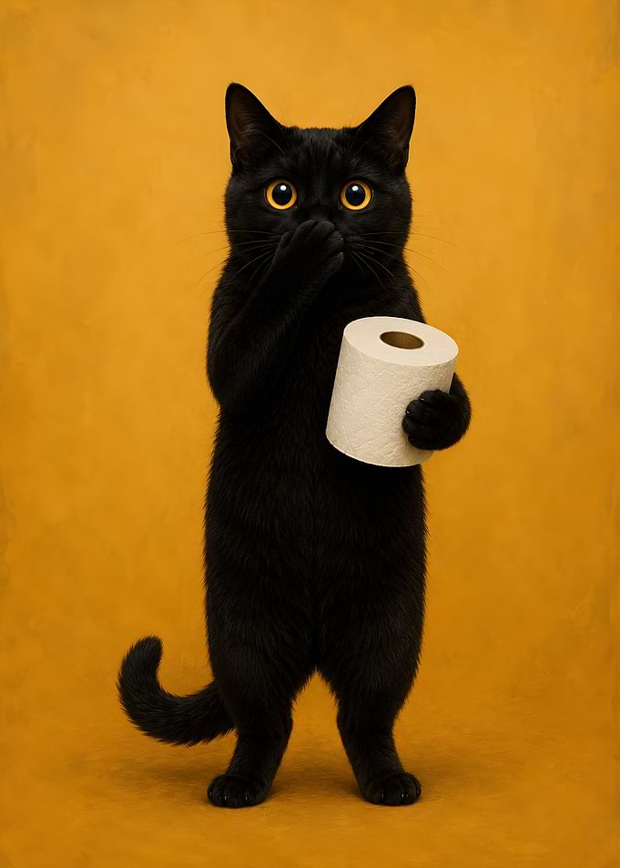 Surprised Black Cat Holding Toilet Paper
